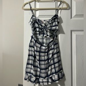 Small grey & blue plaid spaghetti strap dress with stomach cut out